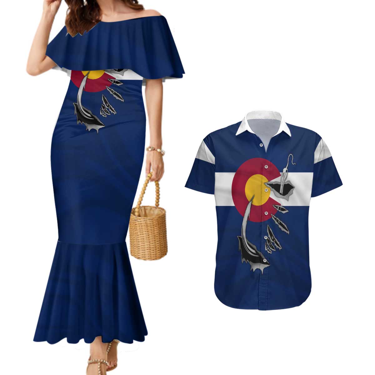 Custom Fishing Hook Couples Matching Mermaid Dress and Hawaiian Shirt with Colorado Flag Theme and Blue White Graphic Pattern - Wonder Print Shop