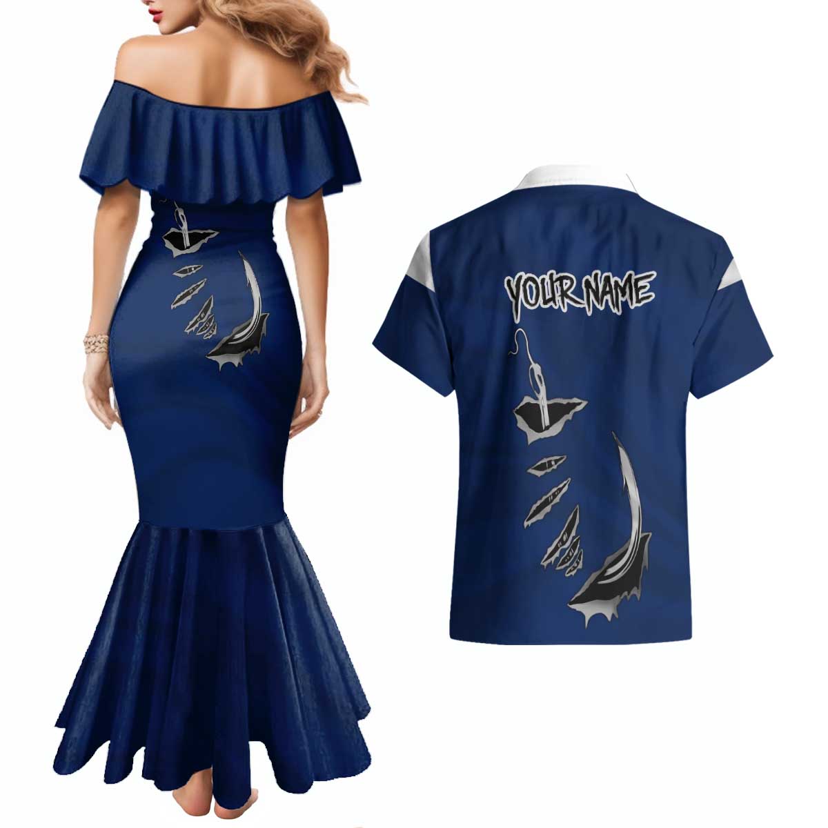 Custom Fishing Hook Couples Matching Mermaid Dress and Hawaiian Shirt with Colorado Flag Theme and Blue White Graphic Pattern - Wonder Print Shop