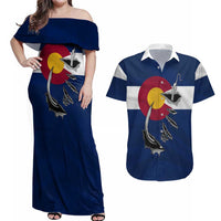 Custom Fishing Hook Couples Matching Off Shoulder Maxi Dress and Hawaiian Shirt with Colorado Flag Theme and Blue White Graphic Pattern - Wonder Print Shop