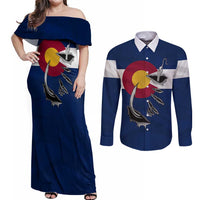 Custom Fishing Hook Couples Matching Off Shoulder Maxi Dress and Long Sleeve Button Shirt with Colorado Flag Theme and Blue White Graphic Pattern - Wonder Print Shop