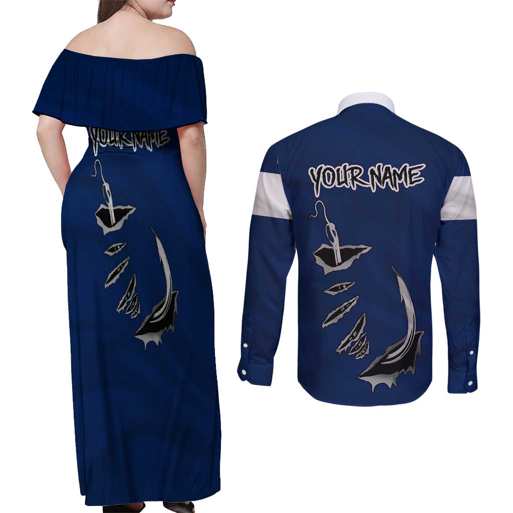 Custom Fishing Hook Couples Matching Off Shoulder Maxi Dress and Long Sleeve Button Shirt with Colorado Flag Theme and Blue White Graphic Pattern - Wonder Print Shop