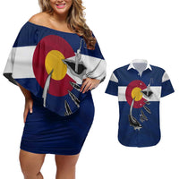 Custom Fishing Hook Couples Matching Off Shoulder Short Dress and Hawaiian Shirt with Colorado Flag Theme and Blue White Graphic Pattern - Wonder Print Shop