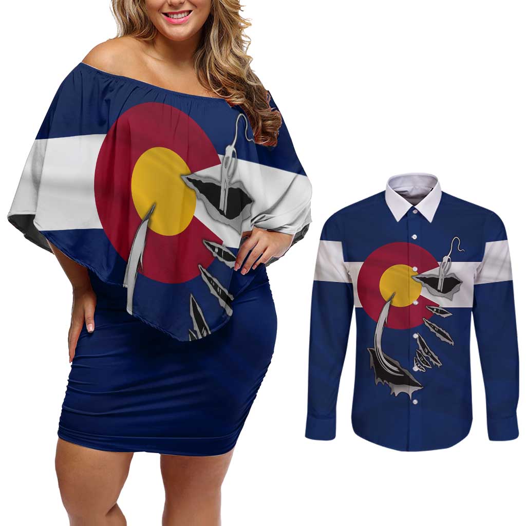 Custom Fishing Hook Couples Matching Off Shoulder Short Dress and Long Sleeve Button Shirt with Colorado Flag Theme and Blue White Graphic Pattern - Wonder Print Shop