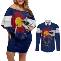 Custom Fishing Hook Couples Matching Off Shoulder Short Dress and Long Sleeve Button Shirt with Colorado Flag Theme and Blue White Graphic Pattern - Wonder Print Shop