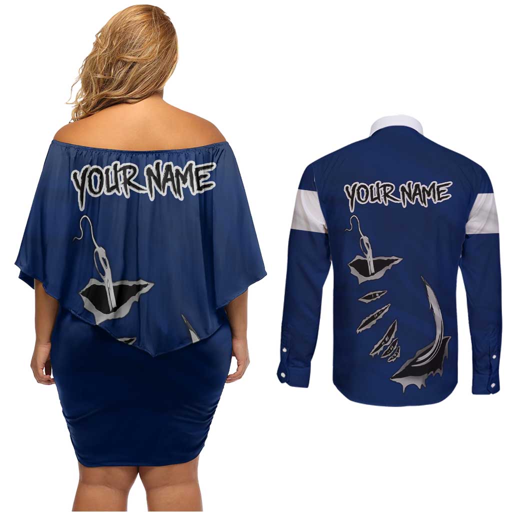 Custom Fishing Hook Couples Matching Off Shoulder Short Dress and Long Sleeve Button Shirt with Colorado Flag Theme and Blue White Graphic Pattern - Wonder Print Shop