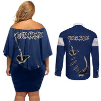 Custom Fishing Hook Couples Matching Off Shoulder Short Dress and Long Sleeve Button Shirt with Colorado Flag Theme and Blue White Graphic Pattern - Wonder Print Shop