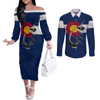 Custom Fishing Hook Couples Matching Off The Shoulder Long Sleeve Dress and Long Sleeve Button Shirt with Colorado Flag Theme and Blue White Graphic Pattern - Wonder Print Shop