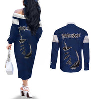 Custom Fishing Hook Couples Matching Off The Shoulder Long Sleeve Dress and Long Sleeve Button Shirt with Colorado Flag Theme and Blue White Graphic Pattern - Wonder Print Shop