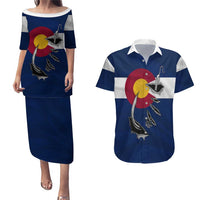 Custom Fishing Hook Couples Matching Puletasi and Hawaiian Shirt with Colorado Flag Theme and Blue White Graphic Pattern - Wonder Print Shop