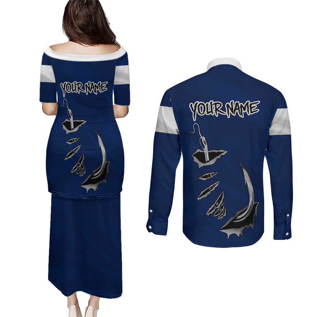 Custom Fishing Hook Couples Matching Puletasi and Long Sleeve Button Shirt with Colorado Flag Theme and Blue White Graphic Pattern - Wonder Print Shop