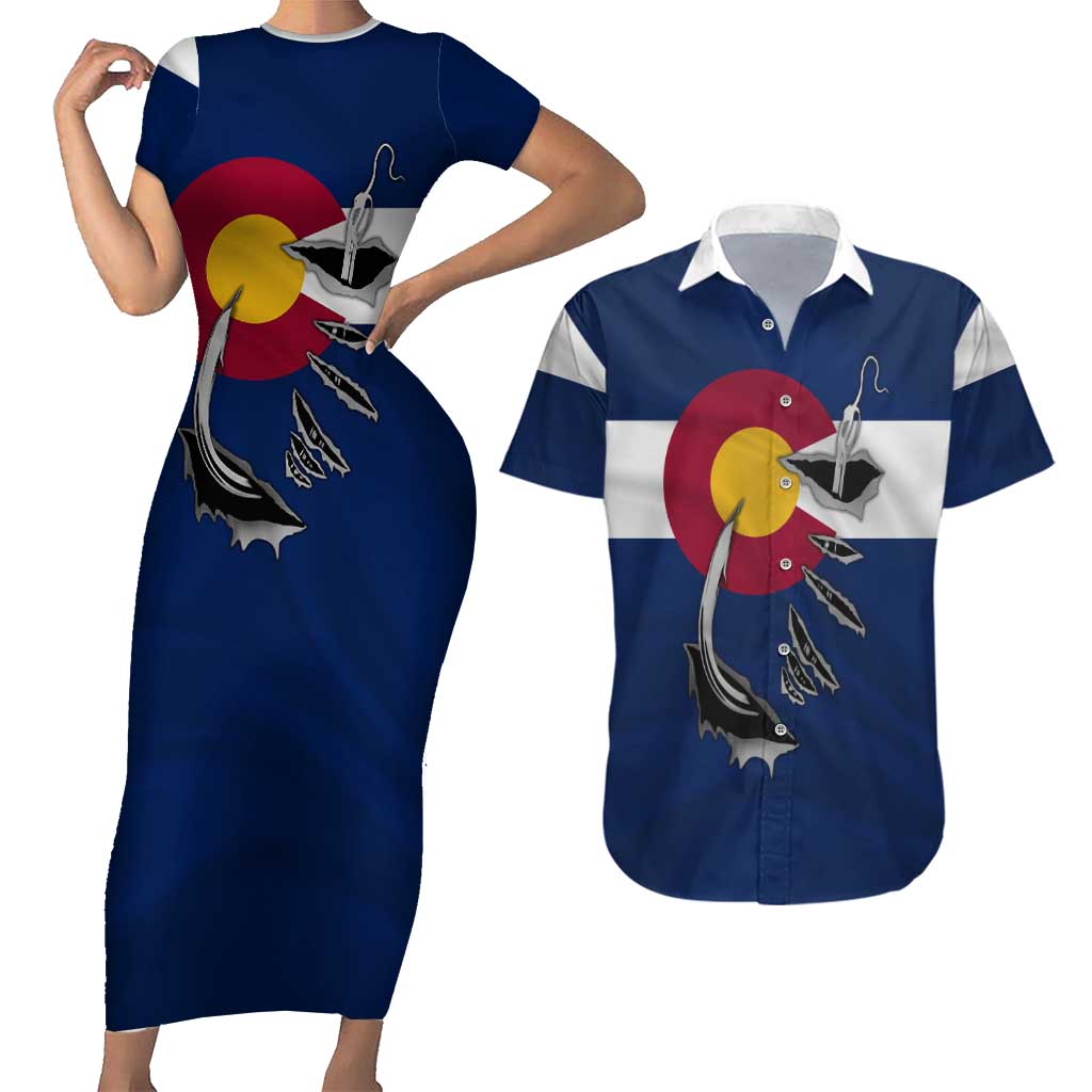 Custom Fishing Hook Couples Matching Short Sleeve Bodycon Dress and Hawaiian Shirt with Colorado Flag Theme and Blue White Graphic Pattern - Wonder Print Shop