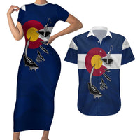 Custom Fishing Hook Couples Matching Short Sleeve Bodycon Dress and Hawaiian Shirt with Colorado Flag Theme and Blue White Graphic Pattern - Wonder Print Shop