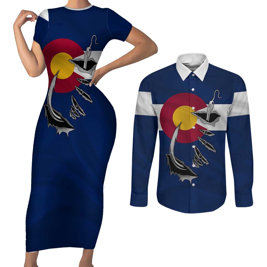 Custom Fishing Hook Couples Matching Short Sleeve Bodycon Dress and Long Sleeve Button Shirt with Colorado Flag Theme and Blue White Graphic Pattern - Wonder Print Shop