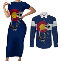 Custom Fishing Hook Couples Matching Short Sleeve Bodycon Dress and Long Sleeve Button Shirt with Colorado Flag Theme and Blue White Graphic Pattern - Wonder Print Shop