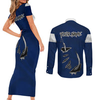 Custom Fishing Hook Couples Matching Short Sleeve Bodycon Dress and Long Sleeve Button Shirt with Colorado Flag Theme and Blue White Graphic Pattern - Wonder Print Shop
