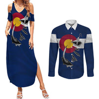 Custom Fishing Hook Couples Matching Summer Maxi Dress and Long Sleeve Button Shirt with Colorado Flag Theme and Blue White Graphic Pattern - Wonder Print Shop