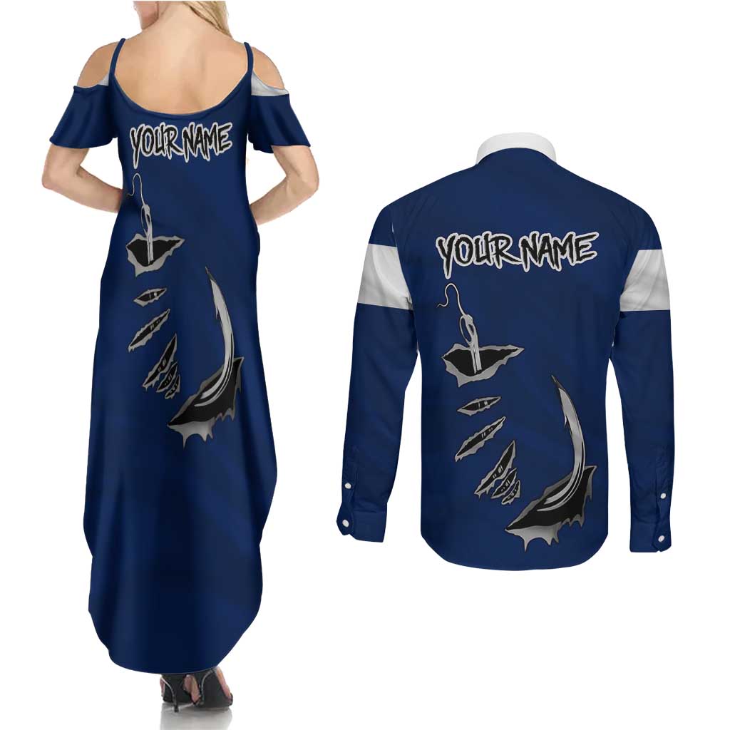 Custom Fishing Hook Couples Matching Summer Maxi Dress and Long Sleeve Button Shirt with Colorado Flag Theme and Blue White Graphic Pattern - Wonder Print Shop