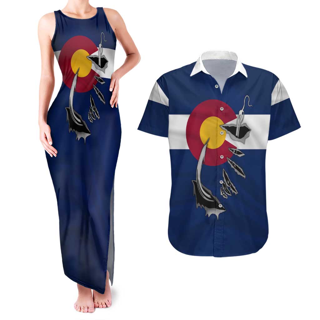 Custom Fishing Hook Couples Matching Tank Maxi Dress and Hawaiian Shirt with Colorado Flag Theme and Blue White Graphic Pattern - Wonder Print Shop