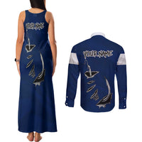 Custom Fishing Hook Couples Matching Tank Maxi Dress and Long Sleeve Button Shirt with Colorado Flag Theme and Blue White Graphic Pattern - Wonder Print Shop