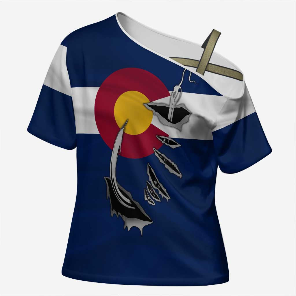 Custom Fishing Hook Cross Shoulder Shirt with Colorado Flag Theme and Blue White Graphic Pattern - Wonder Print Shop
