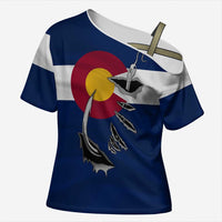 Custom Fishing Hook Cross Shoulder Shirt with Colorado Flag Theme and Blue White Graphic Pattern - Wonder Print Shop