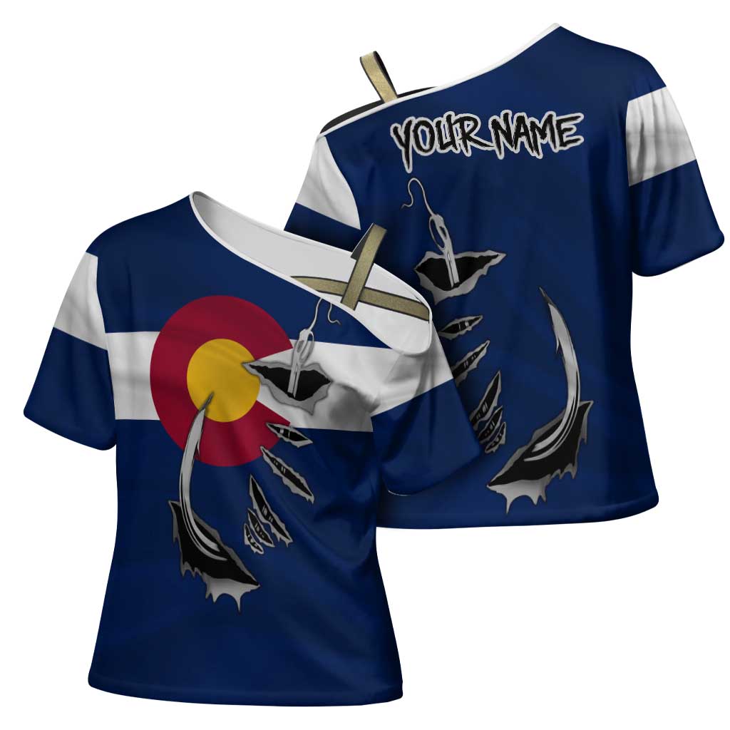 Custom Fishing Hook Cross Shoulder Shirt with Colorado Flag Theme and Blue White Graphic Pattern - Wonder Print Shop