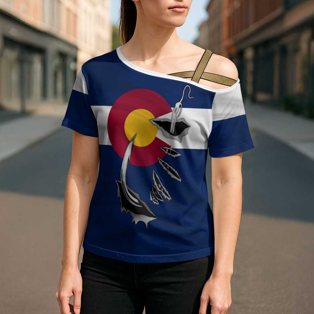 Custom Fishing Hook Cross Shoulder Shirt with Colorado Flag Theme and Blue White Graphic Pattern - Wonder Print Shop
