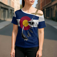 Custom Fishing Hook Cross Shoulder Shirt with Colorado Flag Theme and Blue White Graphic Pattern - Wonder Print Shop