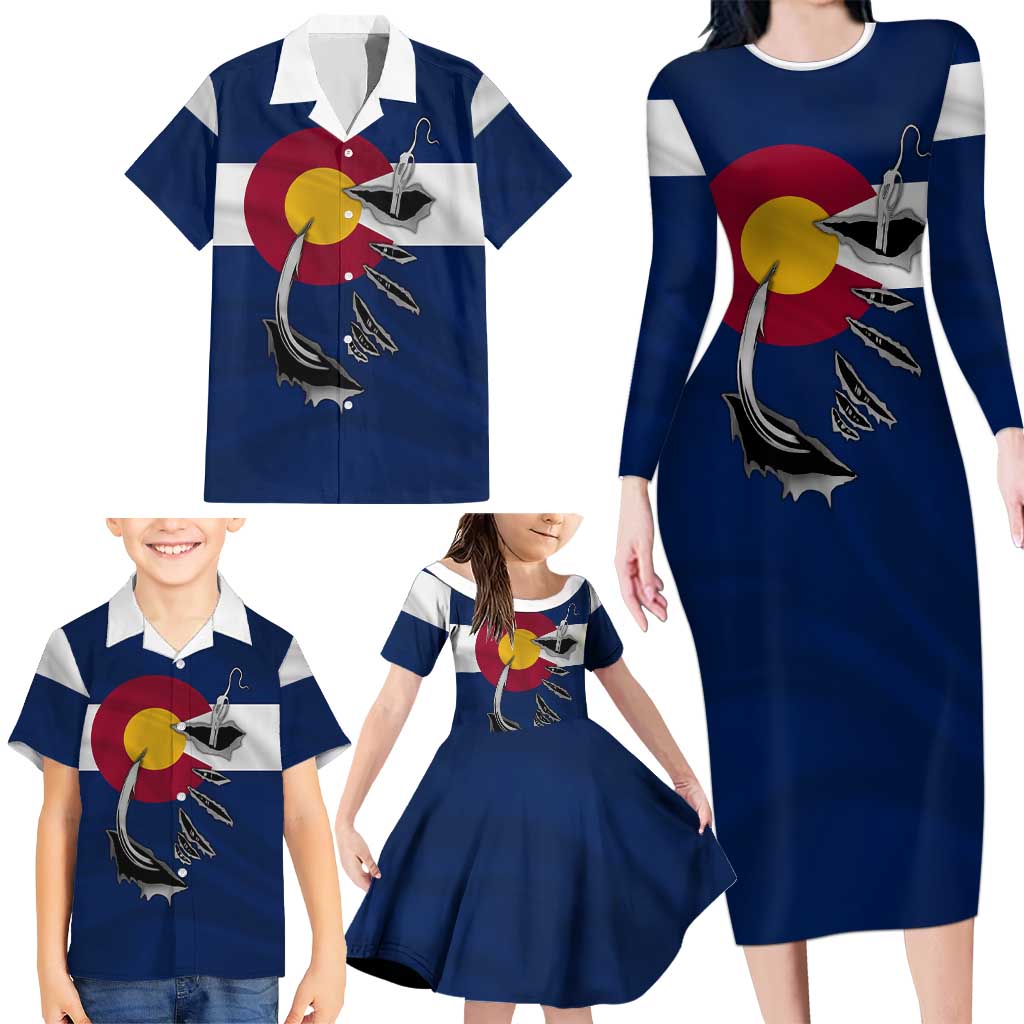 Custom Fishing Hook Family Matching Long Sleeve Bodycon Dress and Hawaiian Shirt with Colorado Flag Theme and Blue White Graphic Pattern - Wonder Print Shop