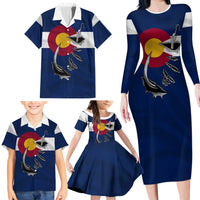 Custom Fishing Hook Family Matching Long Sleeve Bodycon Dress and Hawaiian Shirt with Colorado Flag Theme and Blue White Graphic Pattern - Wonder Print Shop