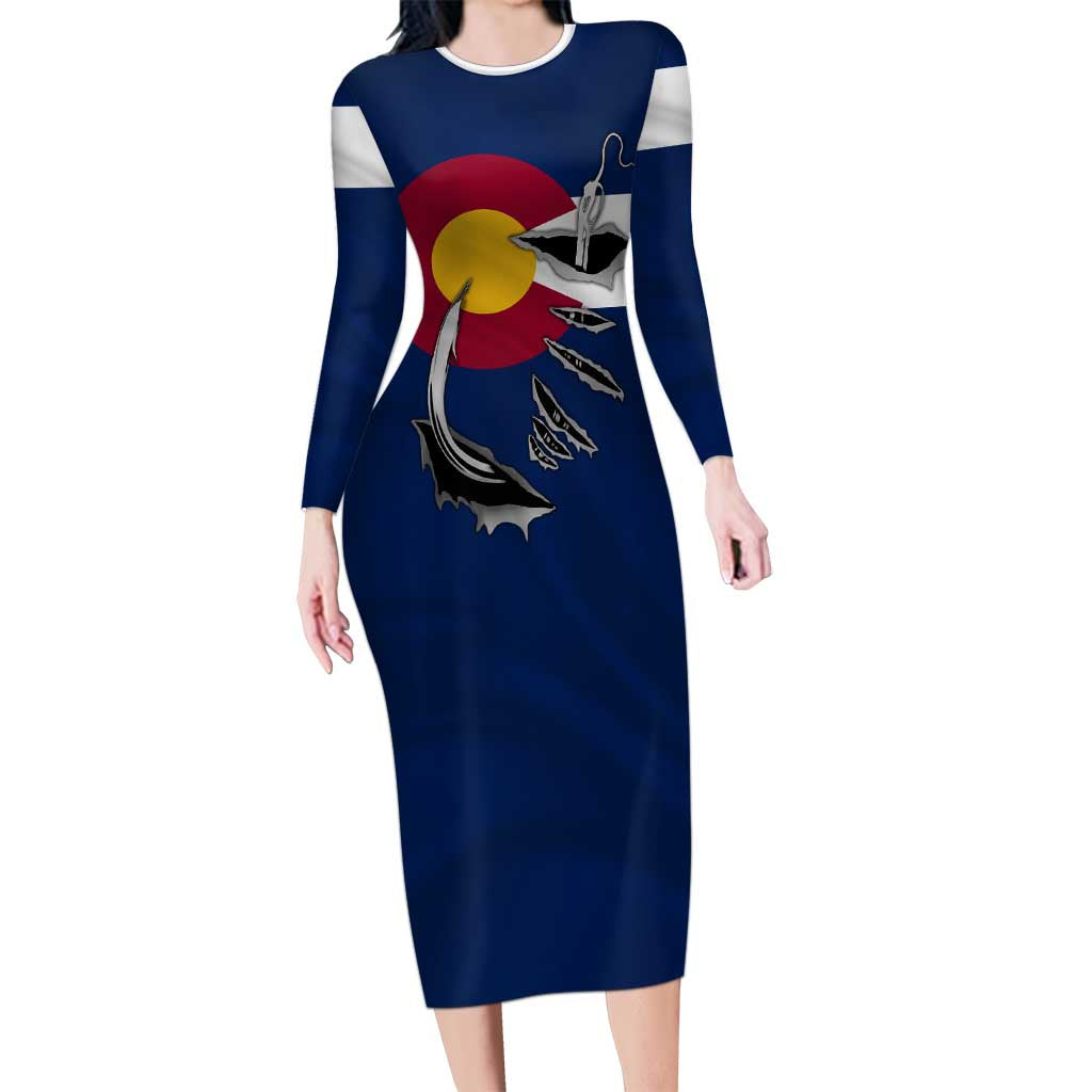 Custom Fishing Hook Family Matching Long Sleeve Bodycon Dress and Hawaiian Shirt with Colorado Flag Theme and Blue White Graphic Pattern - Wonder Print Shop