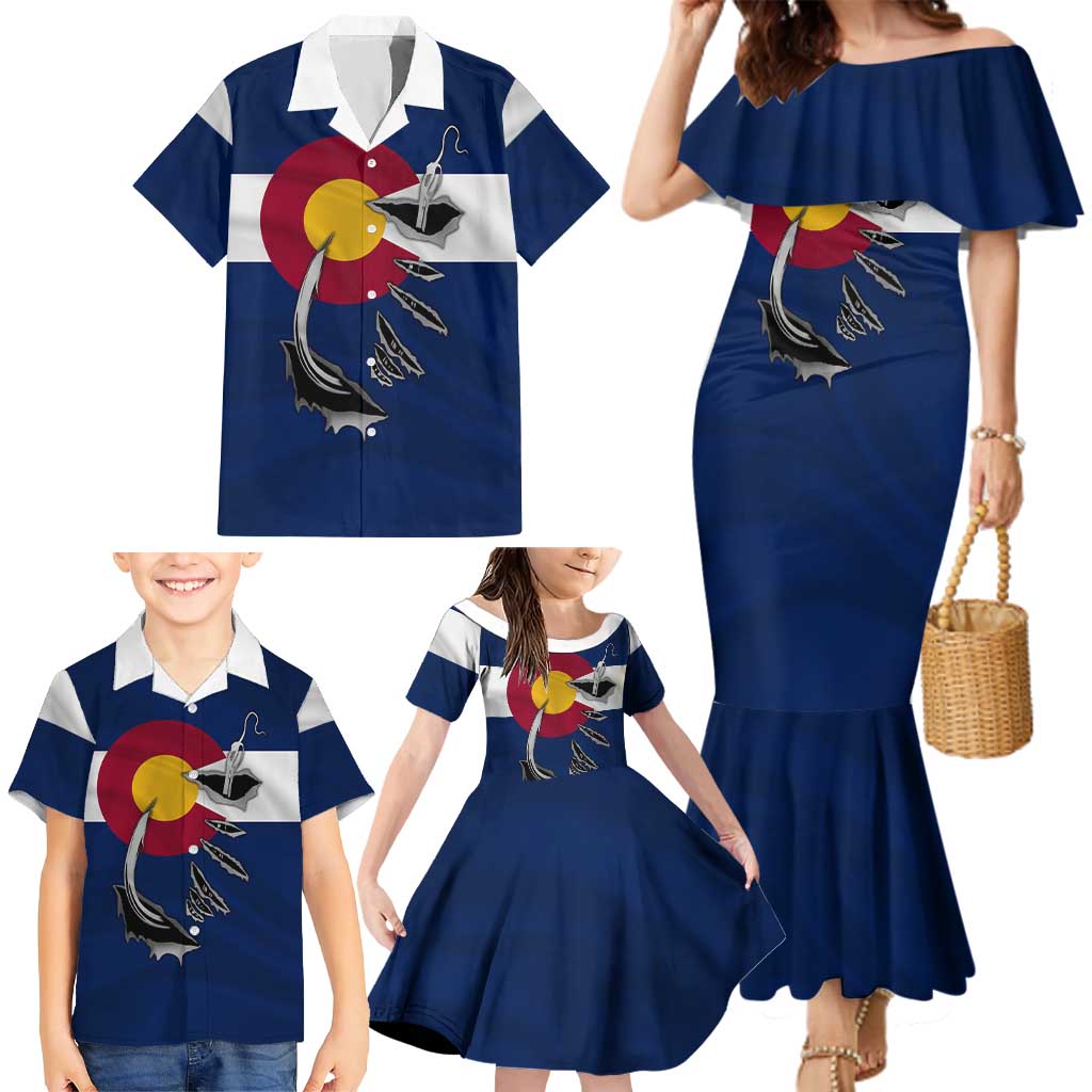 Custom Fishing Hook Family Matching Mermaid Dress and Hawaiian Shirt with Colorado Flag Theme and Blue White Graphic Pattern - Wonder Print Shop