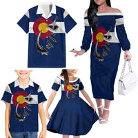 Custom Fishing Hook Family Matching Off The Shoulder Long Sleeve Dress and Hawaiian Shirt with Colorado Flag Theme and Blue White Graphic Pattern - Wonder Print Shop