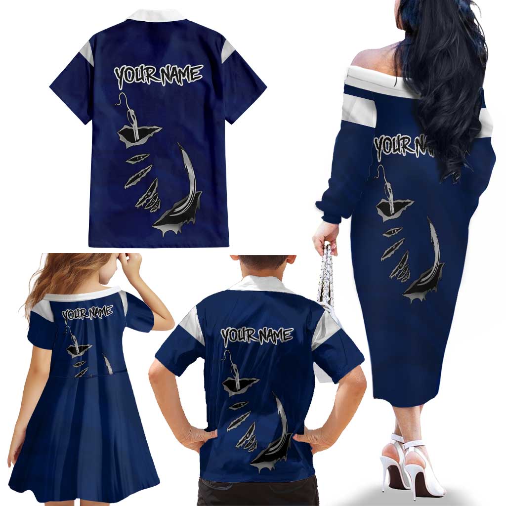 Custom Fishing Hook Family Matching Off The Shoulder Long Sleeve Dress and Hawaiian Shirt with Colorado Flag Theme and Blue White Graphic Pattern - Wonder Print Shop