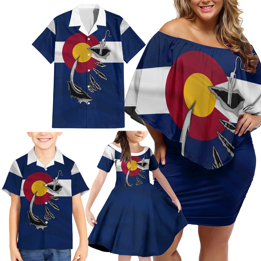 Custom Fishing Hook Family Matching Off Shoulder Short Dress and Hawaiian Shirt with Colorado Flag Theme and Blue White Graphic Pattern - Wonder Print Shop