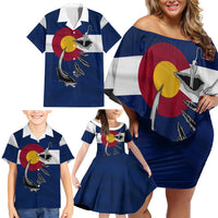 Custom Fishing Hook Family Matching Off Shoulder Short Dress and Hawaiian Shirt with Colorado Flag Theme and Blue White Graphic Pattern - Wonder Print Shop