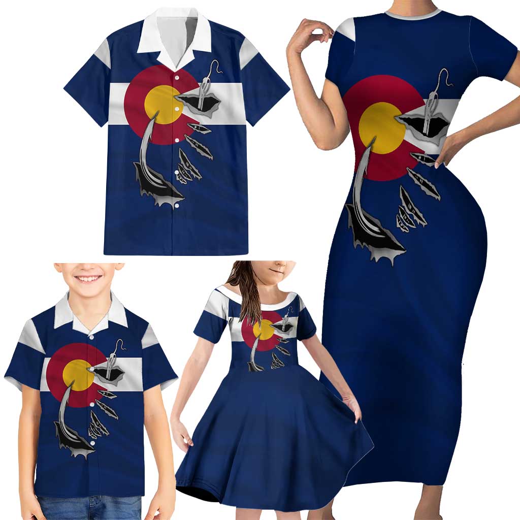 Custom Fishing Hook Family Matching Short Sleeve Bodycon Dress and Hawaiian Shirt with Colorado Flag Theme and Blue White Graphic Pattern - Wonder Print Shop