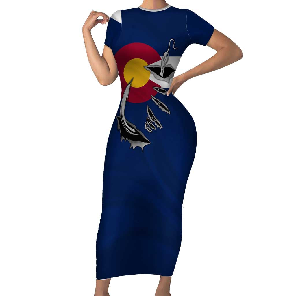 Custom Fishing Hook Family Matching Short Sleeve Bodycon Dress and Hawaiian Shirt with Colorado Flag Theme and Blue White Graphic Pattern - Wonder Print Shop