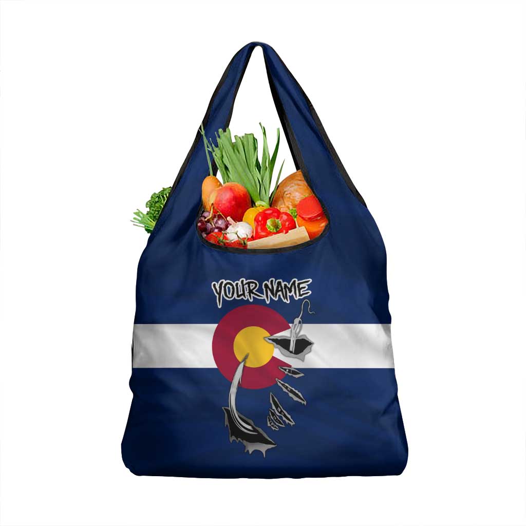 Custom Fishing Hook Grocery Bag with Colorado Flag Theme and Blue White Graphic Pattern - Wonder Print Shop
