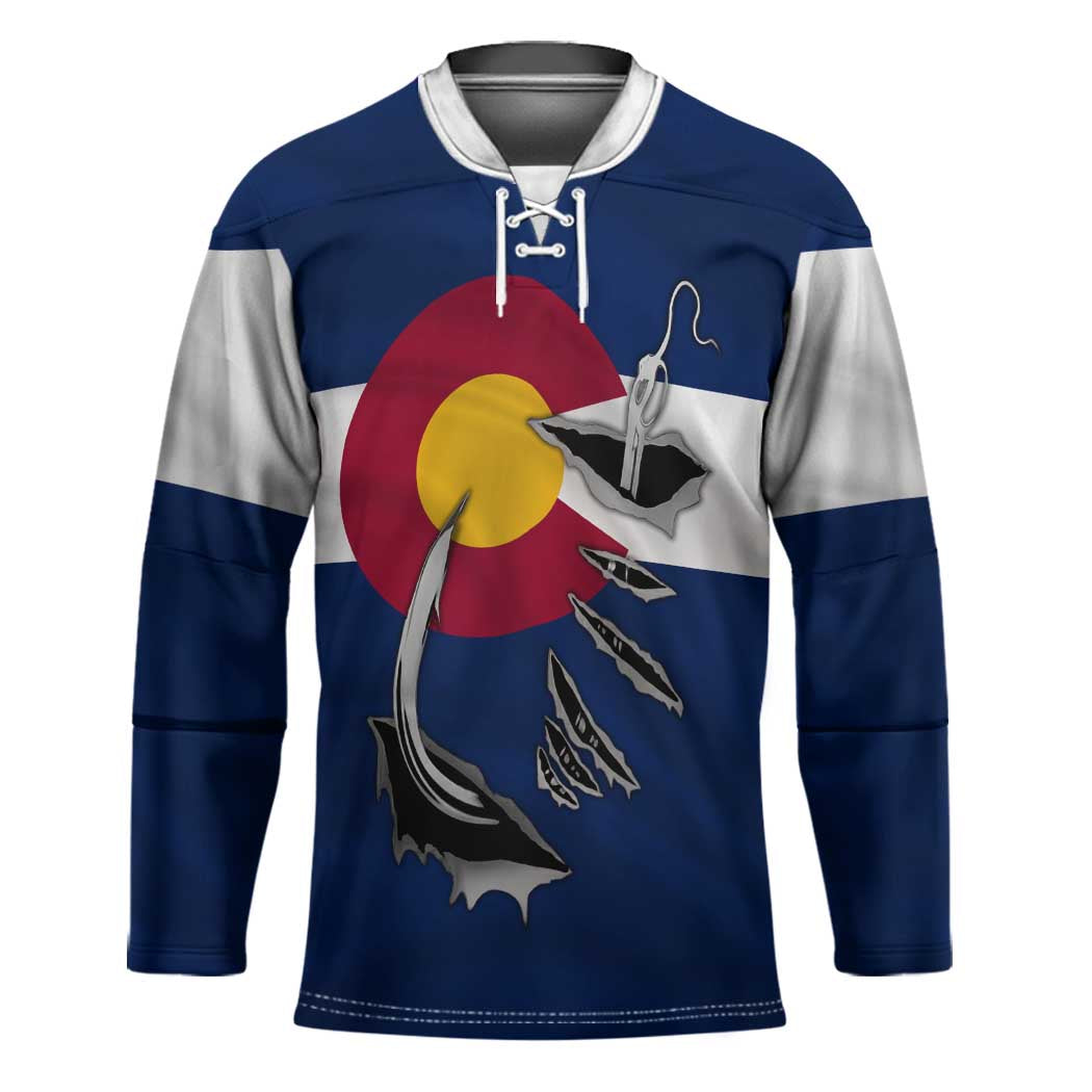Custom Fishing Hook Hockey Jersey with Colorado Flag Theme and Blue White Graphic Pattern - Wonder Print Shop
