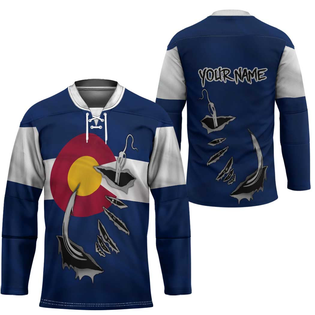 Custom Fishing Hook Hockey Jersey with Colorado Flag Theme and Blue White Graphic Pattern - Wonder Print Shop