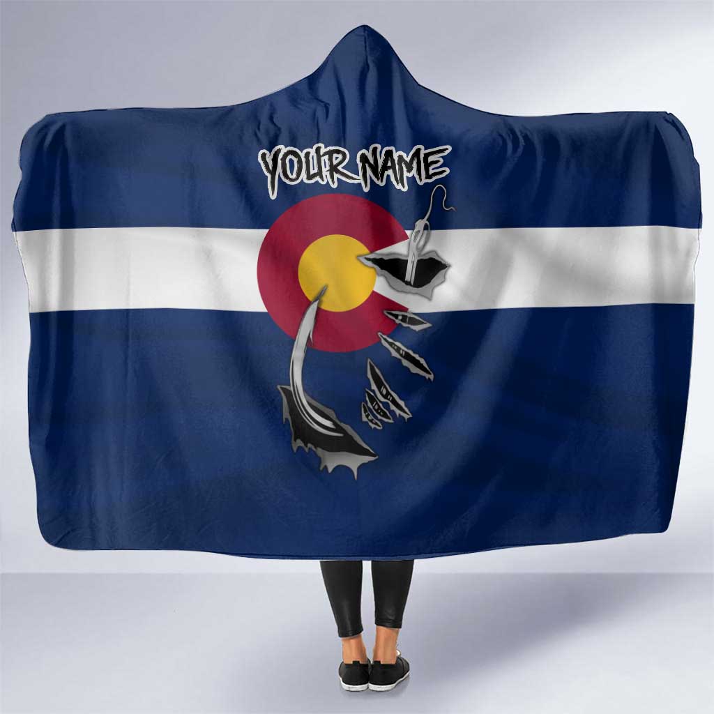 Custom Fishing Hook Hooded Blanket with Colorado Flag Theme and Blue White Graphic Pattern - Wonder Print Shop