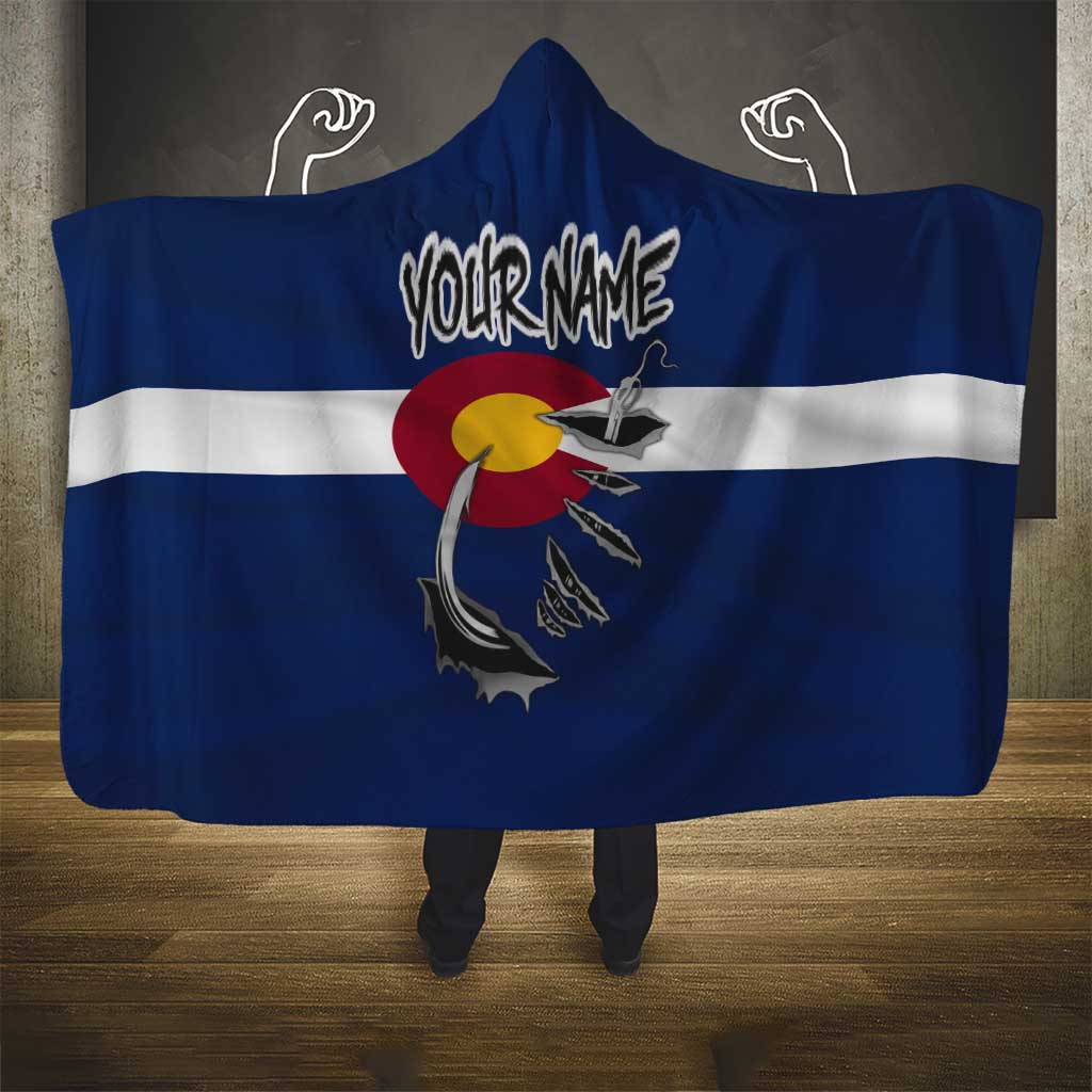 Custom Fishing Hook Hooded Blanket with Colorado Flag Theme and Blue White Graphic Pattern - Wonder Print Shop