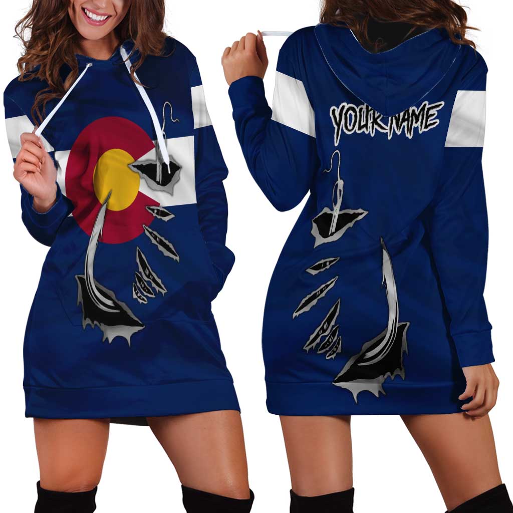 Custom Fishing Hook Hoodie Dress with Colorado Flag Theme and Blue White Graphic Pattern - Wonder Print Shop