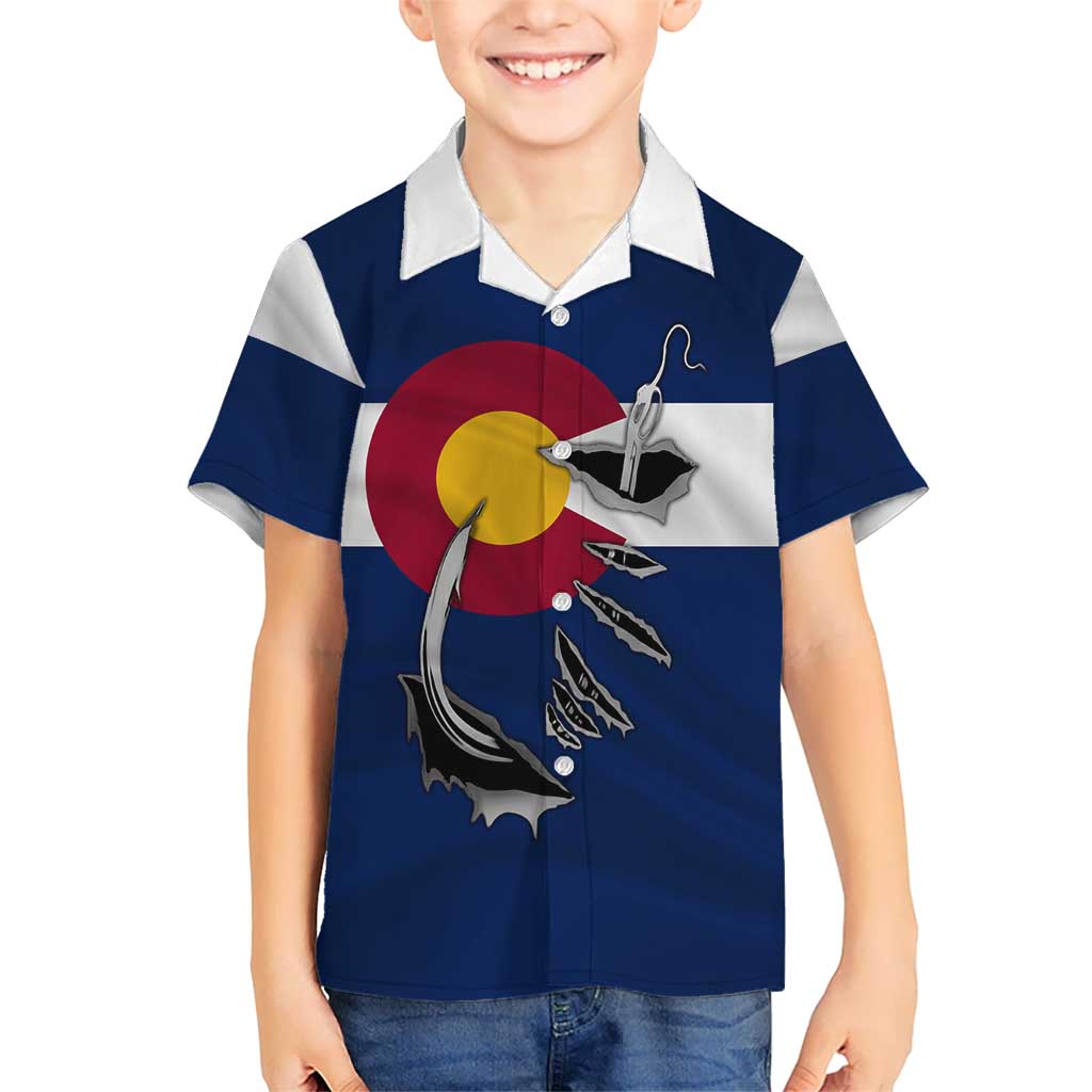 Custom Fishing Hook Kid Hawaiian Shirt with Colorado Flag Theme and Blue White Graphic Pattern - Wonder Print Shop