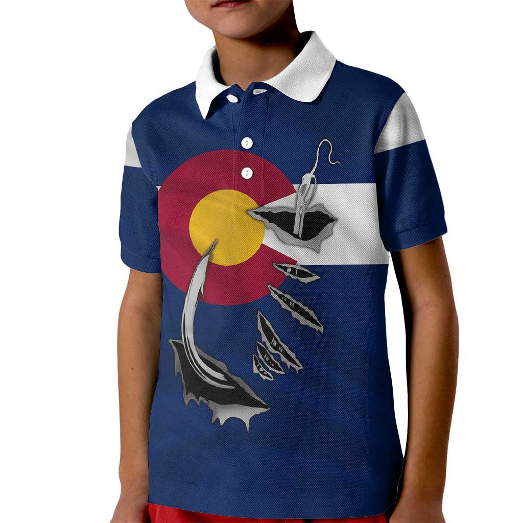Custom Fishing Hook Kid Polo Shirt with Colorado Flag Theme and Blue White Graphic Pattern - Wonder Print Shop