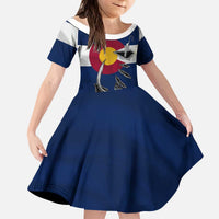 Custom Fishing Hook Kid Short Sleeve Dress with Colorado Flag Theme and Blue White Graphic Pattern - Wonder Print Shop