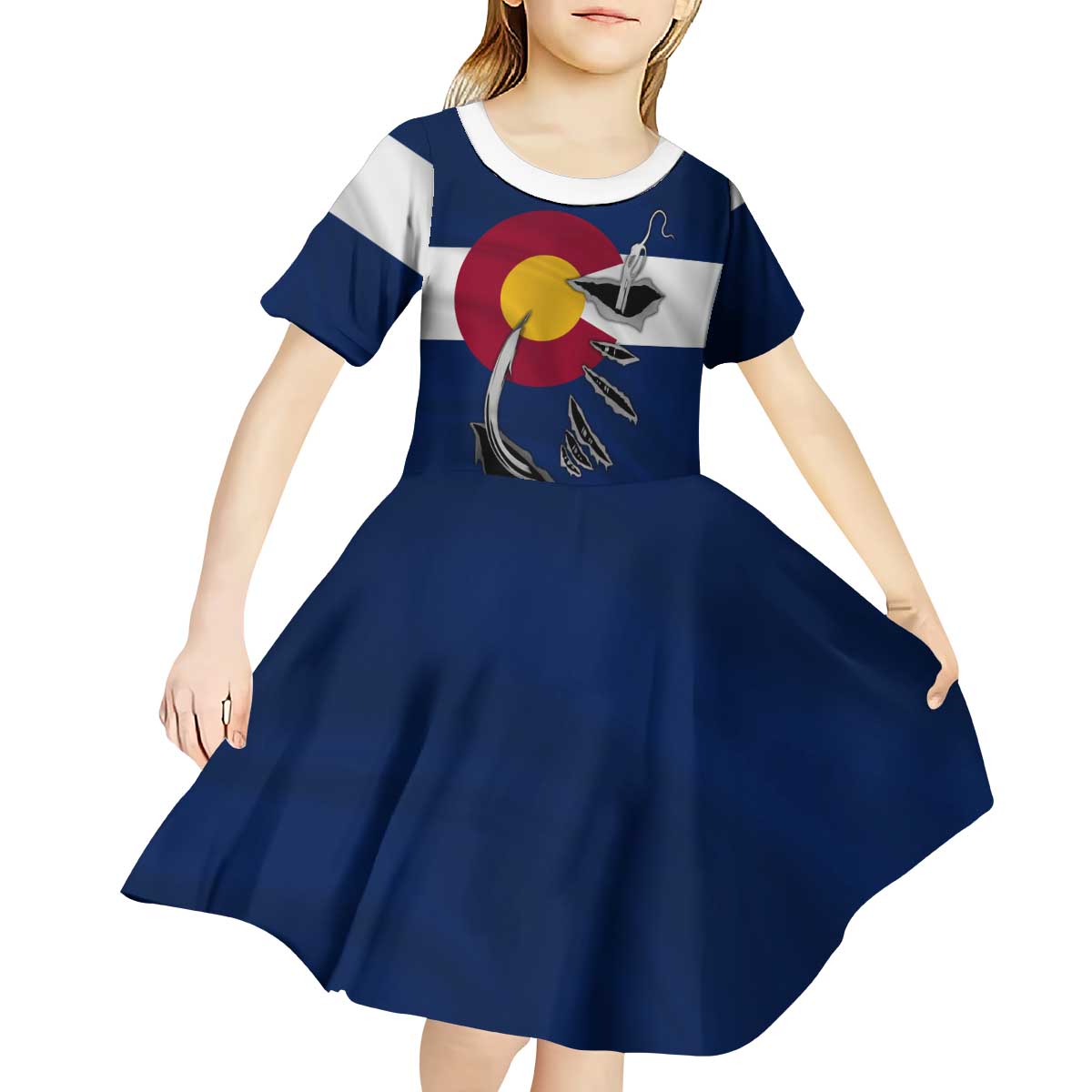 Custom Fishing Hook Kid Short Sleeve Dress with Colorado Flag Theme and Blue White Graphic Pattern - Wonder Print Shop