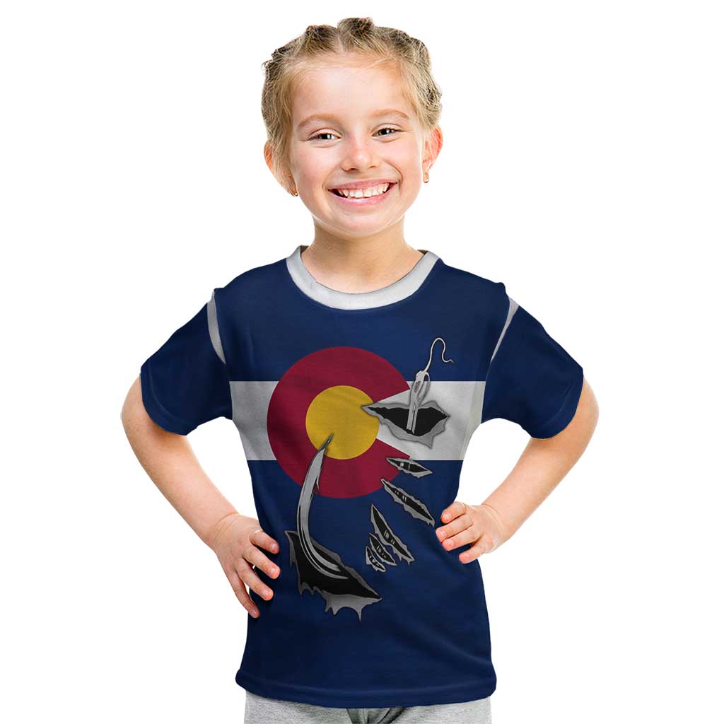 Custom Fishing Hook Kid T Shirt with Colorado Flag Theme and Blue White Graphic Pattern - Wonder Print Shop