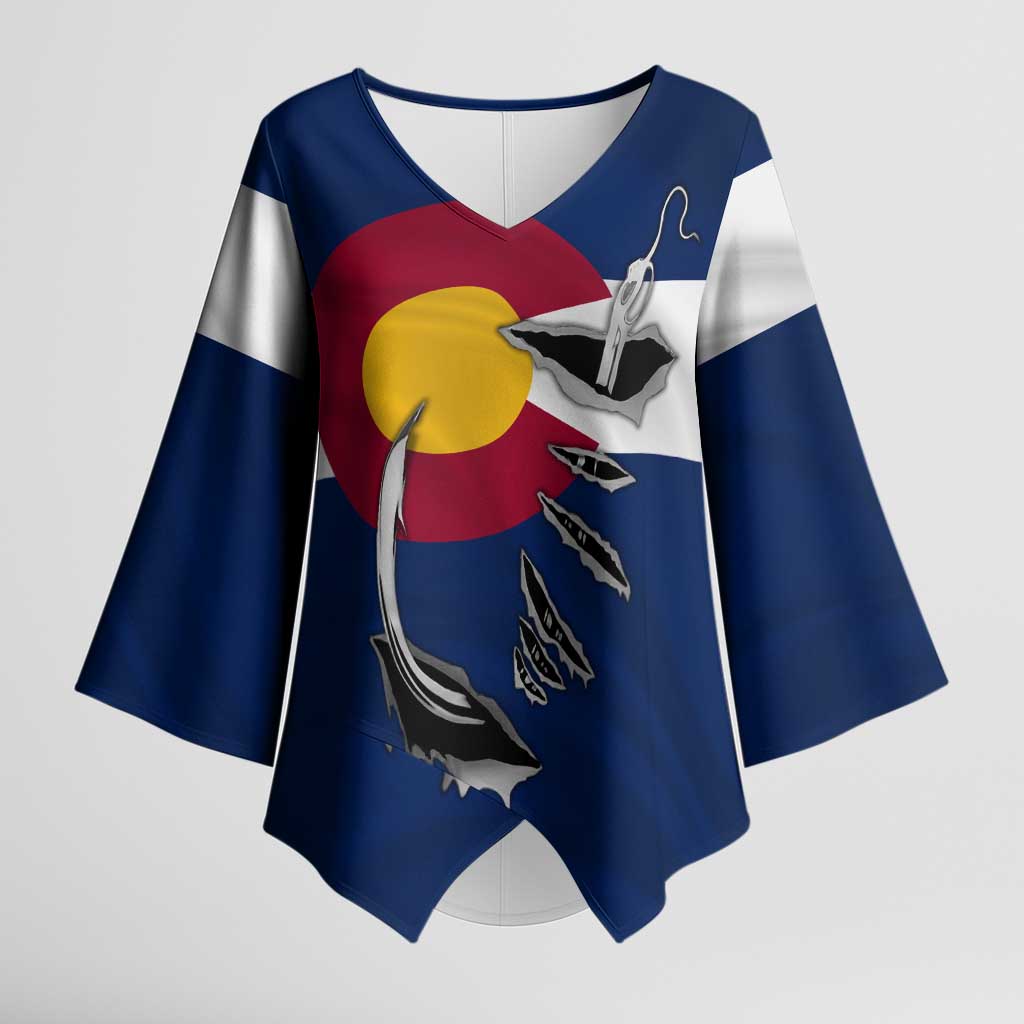 Custom Fishing Hook Kimono Sleeve Blouse with Colorado Flag Theme and Blue White Graphic Pattern - Wonder Print Shop